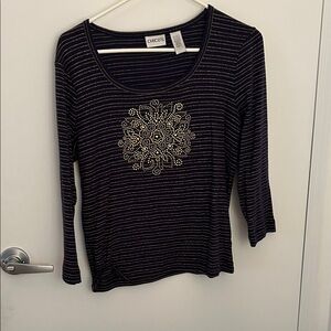Chico's Black Striped Long-Sleeve Scoop Neck Top with Crystal Medallion